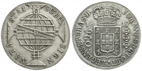 Ausländische Münzen und Medaillen
Brasilien
Johannes, Prinzregent, 1799-1818
960 Reis 1817 R, Rio. Überprägt auf span. Kolonial-8-Reales. vorzüglic...