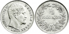 Ausländische Münzen und Medaillen
Dänemark
Frederik VII., 1848-1863
1/2 Rigsdaler 1854. vorzüglich/Stempelglanz. Hede 9. Sieg 12.