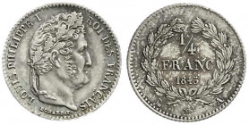 Ausländische Münzen und Medaillen
Frankreich
Louis Philippe I., 1830-1848
1/4 Franc 1845 A, Paris. vorzüglich/Stempelglanz. Gadoury 355.