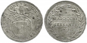 Ausländische Münzen und Medaillen
Italien-Kirchenstaat
Pius VI., 1775-1799
60 Baiocchi 1796. sehr schön, Prägeschwäche. Berman 2973.
