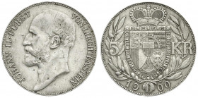 Ausländische Münzen und Medaillen
Liechtenstein
Johann II., 1858-1929
5 Kronen 1900. Aufl. nur 5.000 Ex. sehr schön, kl. Kratzer. Divo 64.