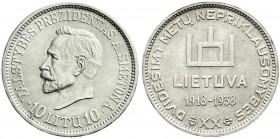 Ausländische Münzen und Medaillen
Litauen
Republik 1918-1940
10 Litu 1938. Smetona. vorzüglich/Stempelglanz, winz. Kratzer. Krause/Mishler 84.