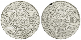Ausländische Münzen und Medaillen
Marokko
Yusuf, 1912-1927
Rial AH 1336 = 1917. fast Stempelglanz, min. Fleck am Rand. Krause/Mishler 33.