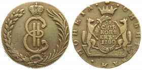 Ausländische Münzen und Medaillen
Russland-Sibirien
Katharina II., 1762-1796
10 Kopeken Kupfer 1780 KM, Kolywan. sehr schön. Bitkin 1044.