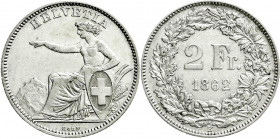 Ausländische Münzen und Medaillen
Schweizerische Eidgenossenschaft
2 Franken 1862 B. fast vorzüglich. Divo/Tobler 303.