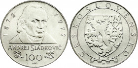 Ausländische Münzen und Medaillen
Tschechoslowakei
Republik
100 Kronen Silber-Probeprägung oder Entwurf 1972 auf Andrej Sladkovic. Stempelglanz