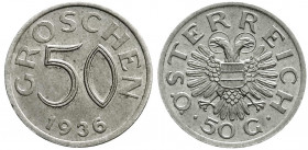 Römisch Deutsches Reich
Republik Österreich
1. Republik, 1918-1938
50 Groschen 1936. vorzüglich. Jaeger/Jaeckel 440.