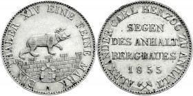 Altdeutsche Münzen und Medaillen
Anhalt-Bernburg
Alexander Carl, 1834-1863
Ausbeutetaler 1855 A. gutes vorzüglich, etwas berieben. Jaeger 66. Thun ...