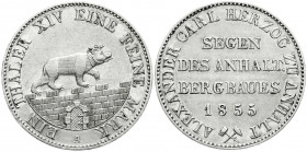 Altdeutsche Münzen und Medaillen
Anhalt-Bernburg
Alexander Carl, 1834-1863
Ausbeutetaler 1855 A. gutes vorzüglich, etwas berieben. Jaeger 66. Thun ...