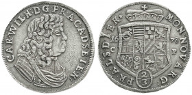 Altdeutsche Münzen und Medaillen
Anhalt-Zerbst
Carl Wilhelm, 1667-1718
2/3 Taler (Gulden) 1678 CP. Interpunktionsvar. und kl. Fürstenhut. sehr schö...