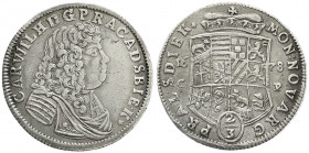 Altdeutsche Münzen und Medaillen
Anhalt-Zerbst
Carl Wilhelm, 1667-1718
2/3 Taler (Gulden) 1678 CP. Interpunktionsvar. und kl. Fürstenhut. Von var. ...