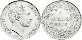 Altdeutsche Münzen und Medaillen
Bayern
Maximilian II. Joseph, 1848-1864
Gulden 1849. fast Stempelglanz, selten. Jaeger 82. AKS 151.