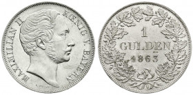 Altdeutsche Münzen und Medaillen
Bayern
Maximilian II. Joseph, 1848-1864
Gulden 1863. fast Stempelglanz/Erstabschlag, Prachtexemplar. Jaeger 82. AK...