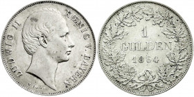 Altdeutsche Münzen und Medaillen
Bayern
Ludwig II., 1864-1886
Gulden 1864, Kopf mit Scheitel. vorzüglich, etwas berieben, selten. Jaeger 100. AKS 1...