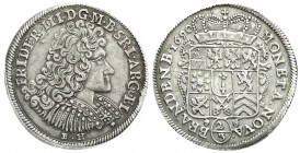 Altdeutsche Münzen und Medaillen
Brandenburg-Preußen
Friedrich III., 1688-1701
2/3 Taler 1690 BH, Minden. BH unter dem Brb. Auf der Brust Rosette. ...