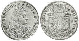 Altdeutsche Münzen und Medaillen
Brandenburg-Preußen
Friedrich III., 1688-1701
2/3 Taler 1695 W-H, Emmerich, im Stempel aus 1694 geändert. vorzügli...