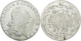 Altdeutsche Münzen und Medaillen
Brandenburg-Preußen
Friedrich II., 1740-1786
1/3 Taler 1773 B, Breslau. gutes sehr schön, kl. Schrötlingsfehler. F...