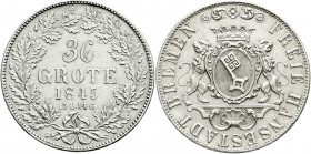 Altdeutsche Münzen und Medaillen
Bremen-Stadt
36 Grote 1845. gutes vorzüglich. Jaeger 21. AKS 1.