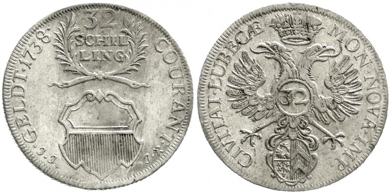 Altdeutsche Münzen und Medaillen
Lübeck-Stadt
32 Schilling 1738 JJJ. Großes Wa...