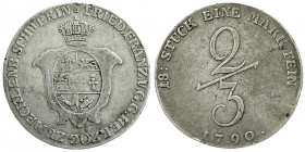 Altdeutsche Münzen und Medaillen
Mecklenburg-Schwerin
Friedrich Franz I., 1785-1837
2/3 Taler 1790. sehr schön, kl. Randfehler. Kunzel 362.