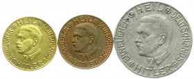 Medaillen
Drittes Reich
Sammlung von 3 versch. "Opfer-Spende"-Marken: 30 Pfennig Messing, 50 Pfennig Bronze und 1 RM Nickel. zweimal vorzüglich/Stem...