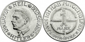 Medaillen
Drittes Reich
1 Reichsmark Opferspende o.J. 26 mm. fast Stempelglanz. Colbert/Hyder 25.