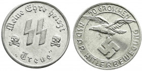 Medaillen
Drittes Reich
Aluminium-Propagandamarke zu 50 Groschen, "Meine Ehre heißt Treue", SS-Runen und zwei Totenköpfe/fliegender Adler mit Hakenk...