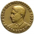 Medaillen
Drittes Reich
Hohlgeprägtes Abzeichen 1937. Hitlerbüste. NSDAP Bezirkstreffen Rosenberg O./S. Messing, 33 mm. vorzüglich/Stempelglanz, mat...