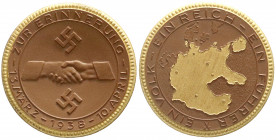 Medaillen
Drittes Reich
Porzellanmedaille Anschluss der Ostmark 1938 braun, Rand und Teile der Landkarte goldfarben. 50 mm. prägefrisch. Scheuch 185...