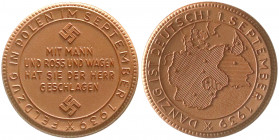 Medaillen
Drittes Reich
Porzellanmedaille Feldzug in Polen/Danzig ist Deutsch 1939 braun. 52 mm. prägefrisch. Scheuch 1866a.