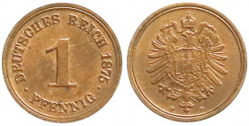 Reichskleinmünzen
1 Pfennig kleiner Adler, Kupfer 1873-1889
1875 F. fast Stempelglanz. Jaeger 1.