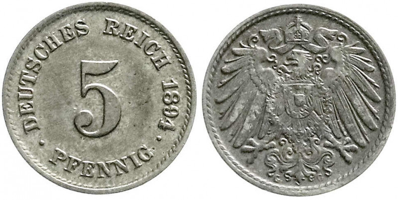Reichskleinmünzen
5 Pfennig großer Adler, Kupfer/Nickel 1890-1915
1894 G. vorz...