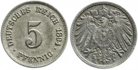 Reichskleinmünzen
5 Pfennig großer Adler, Kupfer/Nickel 1890-1915
1894 G. vorzüglich, leichte Patina Ex. der 59. Auktion Grün (Mai 2012), Los-Nr. 25...