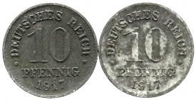 Reichskleinmünzen
10 Pfennig, Zink 1917
2 X 1917 mit Perlkreis. sehr schön. Jaeger 298Z.