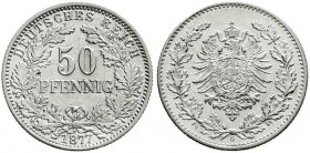Reichskleinmünzen
50 Pfennig kl. Adler Eichenzweige Silber 1877-1878
1877 G. vorzüglich/Stempelglanz. Jaeger 8.