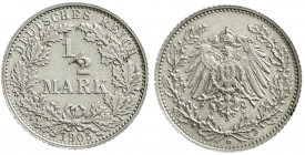 Reichskleinmünzen
1/2 Mark gr. Adler Eichenzweige, Silber 1905-1919
1905 D. Polierte Platte, berieben. Jaeger 16.