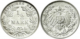 Reichskleinmünzen
1/2 Mark gr. Adler Eichenzweige, Silber 1905-1919
1911 E. Stempelglanz. Jaeger 16.