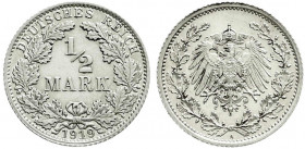 Reichskleinmünzen
1/2 Mark gr. Adler Eichenzweige, Silber 1905-1919
1919 A. Polierte Platte, leicht berührt, selten. Jaeger 16.