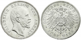 Reichssilbermünzen J. 19-178
Anhalt
Friedrich I., 1871-1904
5 Mark 1896 A. vorzüglich/Stempelglanz aus EA, min. Randfehler. Jaeger 21.