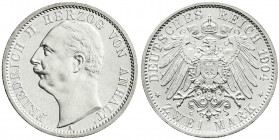Reichssilbermünzen J. 19-178
Anhalt
Friedrich II., 1904-1918
2 Mark 1904 A. Regierungsantritt. fast Stempelglanz, winz. Kratzer, Prachtexemplar. Ja...