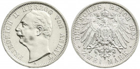 Reichssilbermünzen J. 19-178
Anhalt
Friedrich II., 1904-1918
2 Mark 1904 A. Regierungsantritt. prägefrisch/min. Randfehler. Jaeger 22.