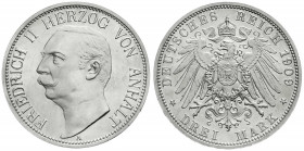 Reichssilbermünzen J. 19-178
Anhalt
Friedrich II., 1904-1918
3 Mark 1909 A. Polierte Platte, berieben. Jaeger 23.