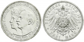 Reichssilbermünzen J. 19-178
Anhalt
Friedrich II., 1904-1918
3 Mark 1914 A. Silberne Hochzeit. fast Stempelglanz, Prachtexemplar. Jaeger 24.