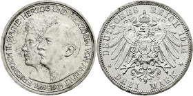 Reichssilbermünzen J. 19-178
Anhalt
Friedrich II., 1904-1918
3 Mark 1914 A. Silberne Hochzeit. vorzüglich/Stempelglanz, min. Randfehler. Jaeger 24....