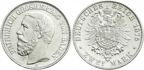 Reichssilbermünzen J. 19-178
Baden
Friedrich I., 1856-1907
2 Mark 1876 G. fast Stempelglanz, selten in dieser Erhaltung. Jaeger 26.