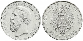 Reichssilbermünzen J. 19-178
Baden
Friedrich I., 1856-1907
5 Mark 1875 G. vorzüglich/Stempelglanz, selten in dieser Erhaltung. Jaeger 27.