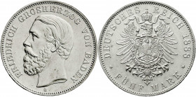 Reichssilbermünzen J. 19-178
Baden
Friedrich I., 1856-1907
5 Mark 1888 G. A ohne Querstrich. vorzüglich/Stempelglanz, selten in dieser Erhaltung. J...