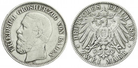 Reichssilbermünzen J. 19-178
Baden
Friedrich I., 1856-1907
2 Mark 1898 G. Seltenes Jahr. fast sehr schön, kl. Randfehler. Jaeger 28.