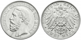 Reichssilbermünzen J. 19-178
Baden
Friedrich I., 1856-1907
2 Mark 1900 G. vorzüglich/Stempelglanz, kl. Schrötlingsfehler. Jaeger 28.