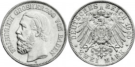 Reichssilbermünzen J. 19-178
Baden
Friedrich I., 1856-1907
2 Mark 1900 G. sehr schön/vorzüglich. Jaeger 28.